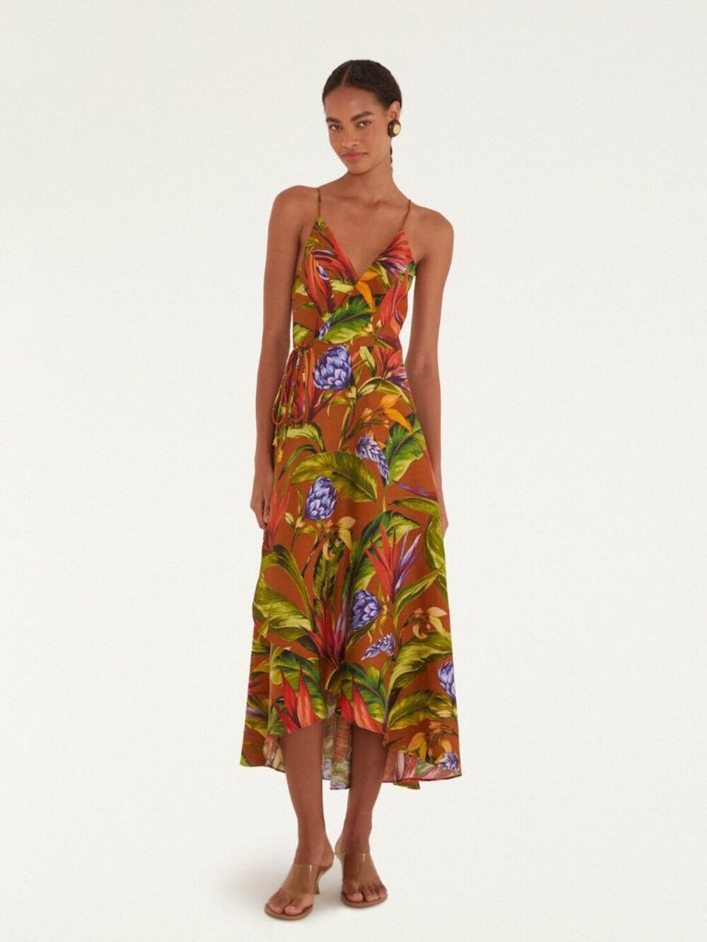 Farm Rio S Brown Florart Midi Wrap Dress NWT 100% Linen